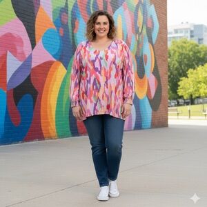 SIZE 4X New Belle by Kim Gravel Rayon/Spandex Desert Escape V-Neck Top